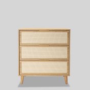 comoda madeira 3 gavetas ratan e puxador dourado 1